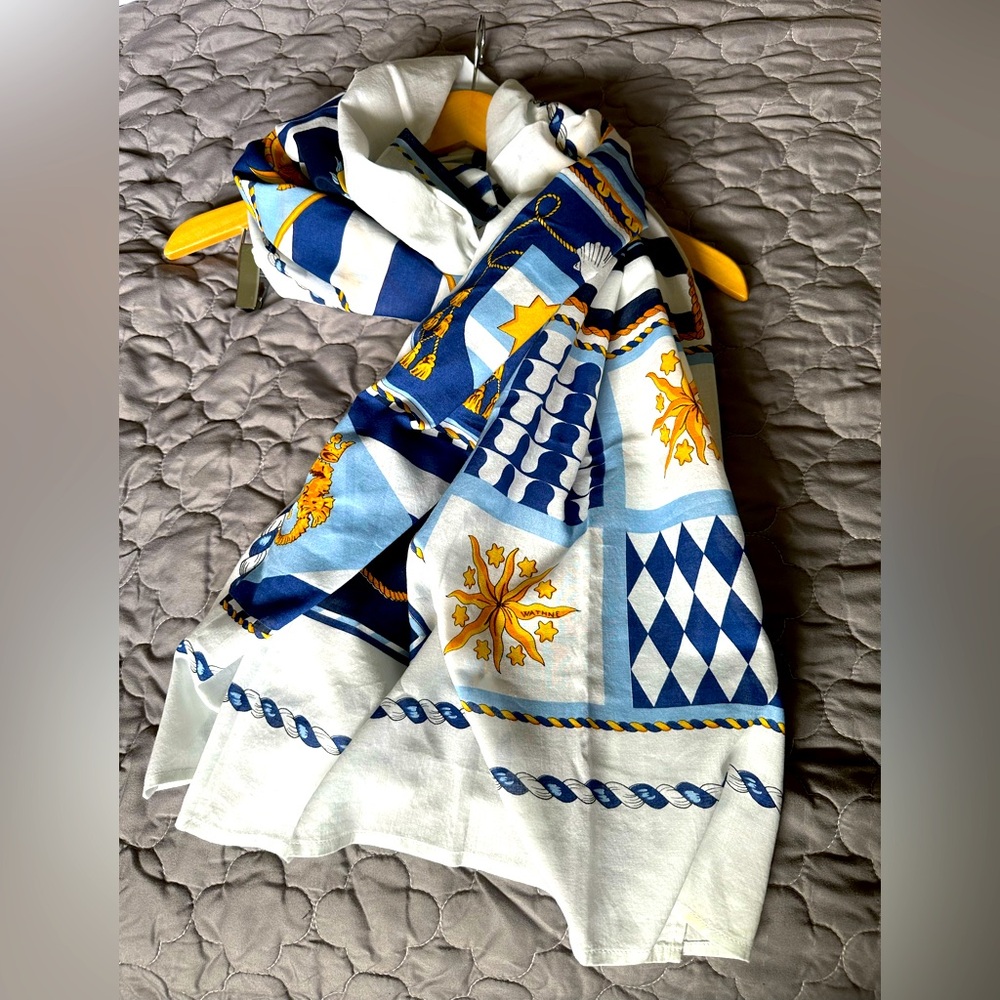 Wathne Nautical Blue, White and Gold Scarf EUC